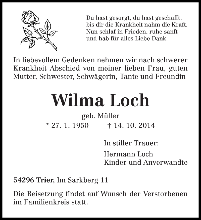  Traueranzeige für Wilma Loch vom 16.10.2014 aus trierischer_volksfreund