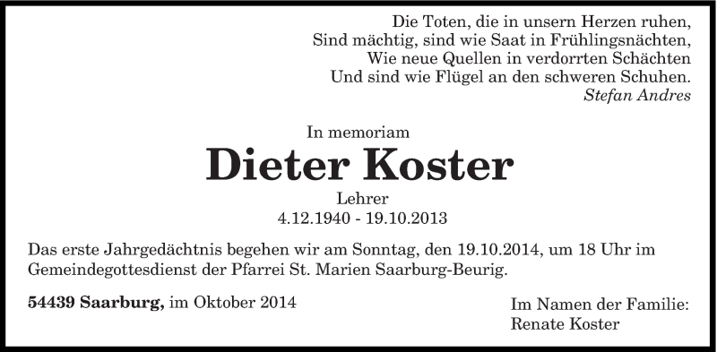  Traueranzeige für Dieter Koster vom 17.10.2014 aus trierischer_volksfreund