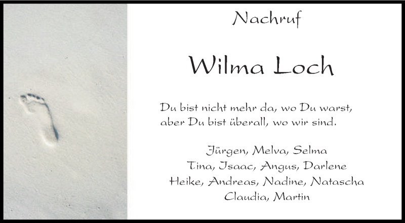  Traueranzeige für Wilma Loch vom 18.10.2014 aus trierischer_volksfreund