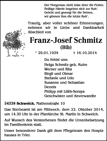 Traueranzeige von Franz-Josef Schmitz von trierischer_volksfreund
