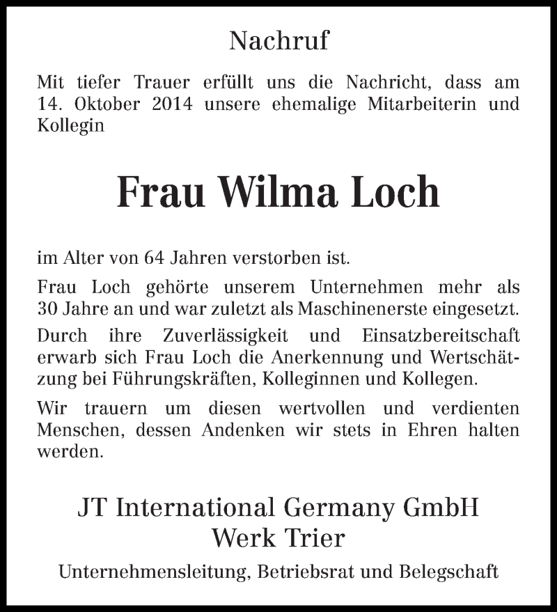  Traueranzeige für Wilma Loch vom 18.10.2014 aus trierischer_volksfreund