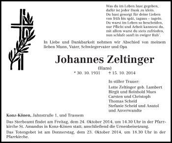 Traueranzeige von Johannes Zeltinger von trierischer_volksfreund