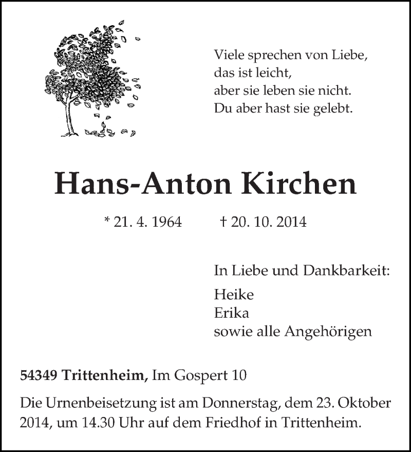  Traueranzeige für Hans-Anton Kirchen vom 21.10.2014 aus trierischer_volksfreund