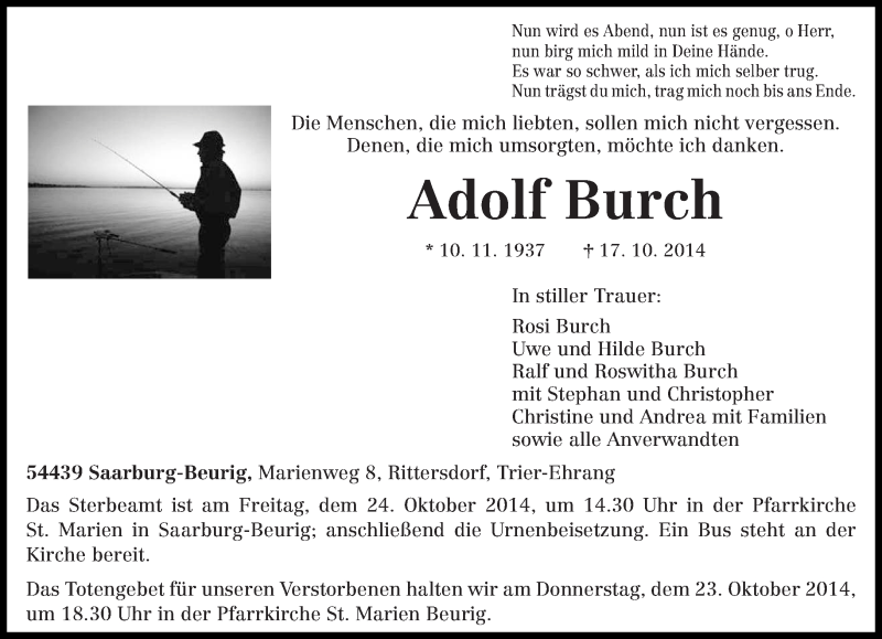  Traueranzeige für Adolf Burch vom 21.10.2014 aus trierischer_volksfreund