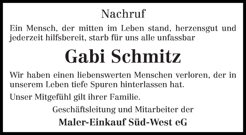  Traueranzeige für Gabi Schmitz vom 21.10.2014 aus trierischer_volksfreund