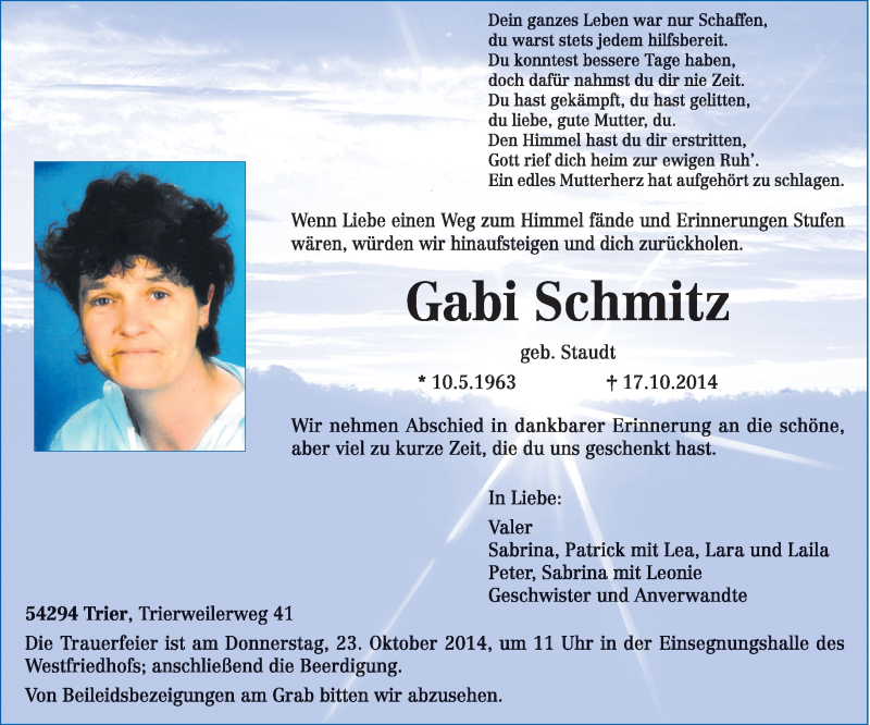  Traueranzeige für Gabi Schmitz vom 21.10.2014 aus trierischer_volksfreund