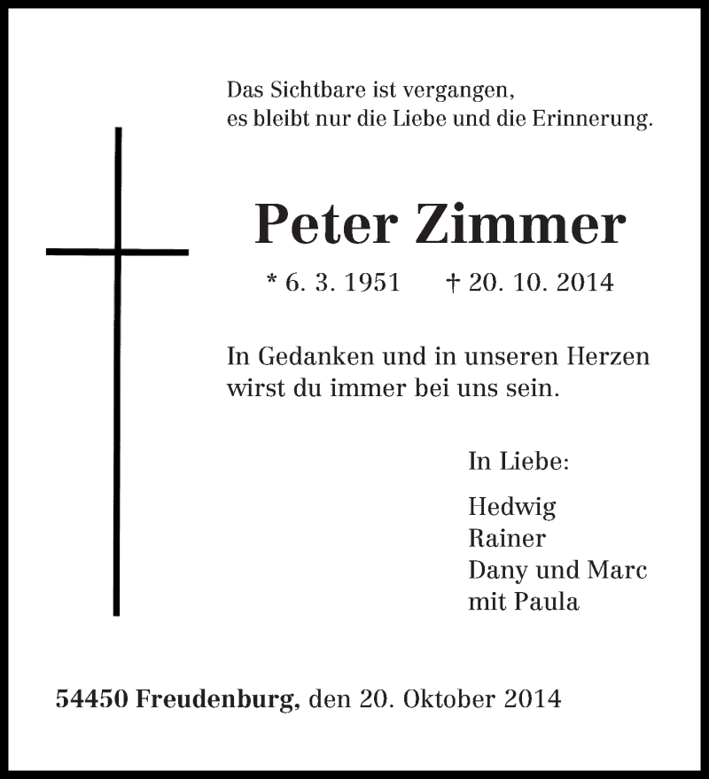  Traueranzeige für Peter Zimmer vom 23.10.2014 aus trierischer_volksfreund