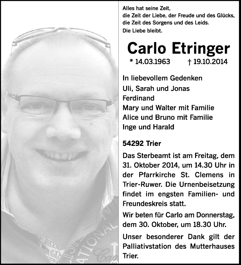  Traueranzeige für Carlo Etringer vom 25.10.2014 aus trierischer_volksfreund