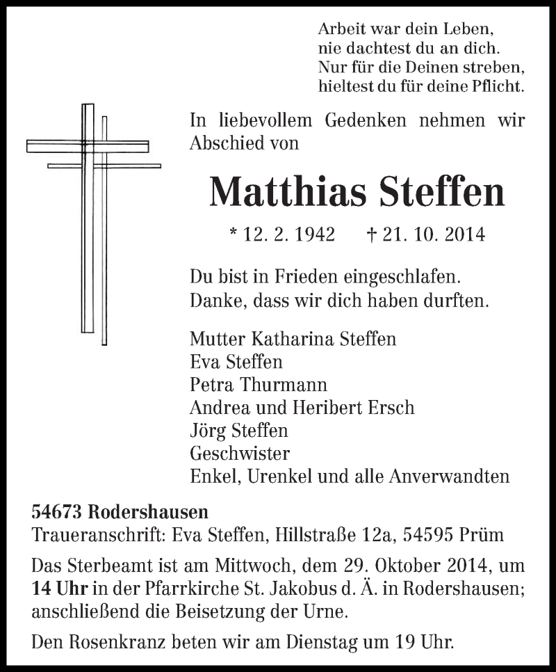  Traueranzeige für Matthias Steffen vom 24.10.2014 aus trierischer_volksfreund