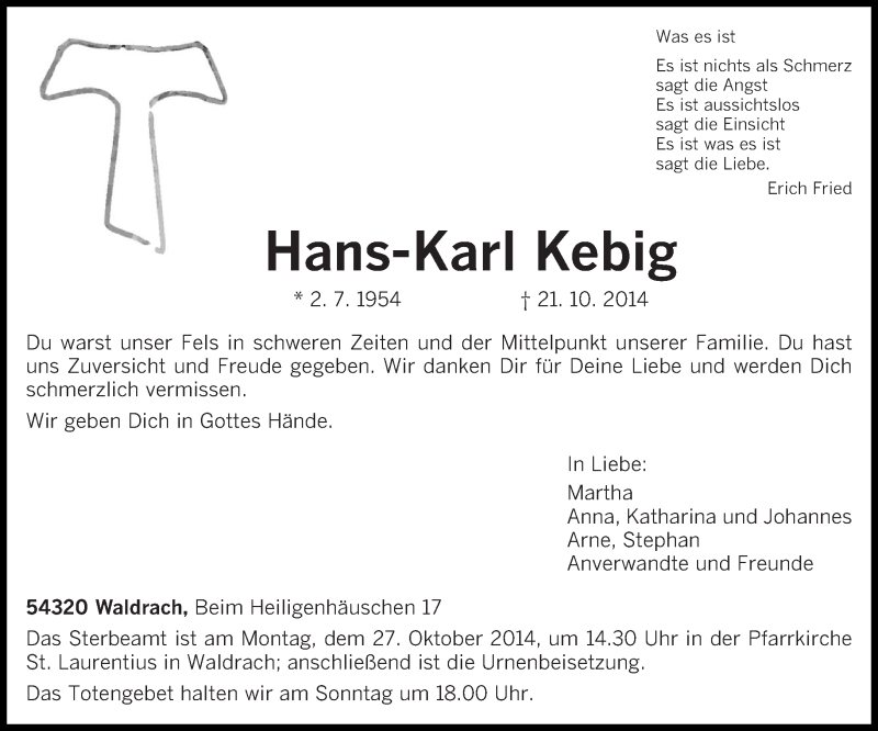  Traueranzeige für Hans-Karl Kebig vom 24.10.2014 aus trierischer_volksfreund