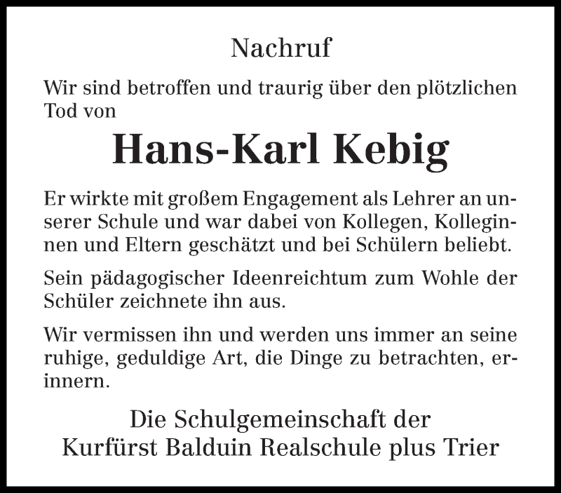  Traueranzeige für Hans-Karl Kebig vom 27.10.2014 aus trierischer_volksfreund