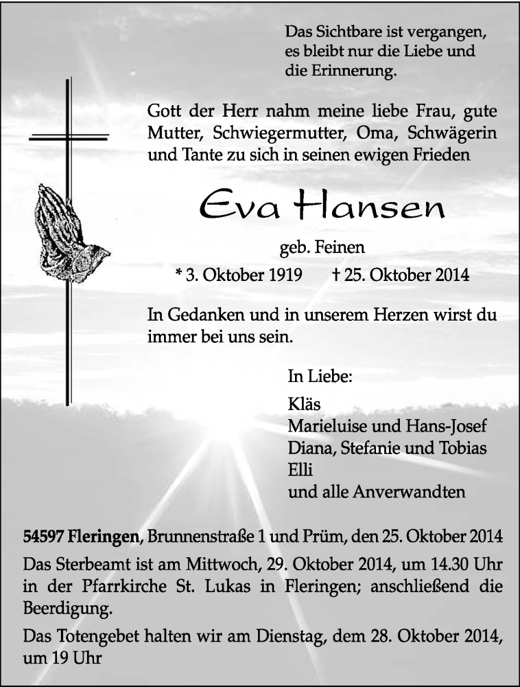  Traueranzeige für Eva Hansen vom 27.10.2014 aus trierischer_volksfreund