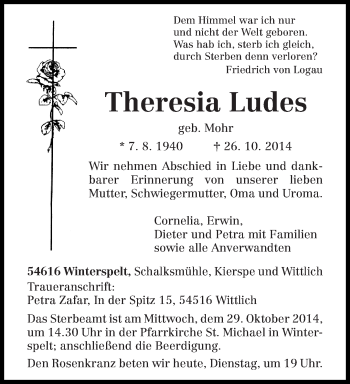 Traueranzeige von Theresia Ludes von trierischer_volksfreund