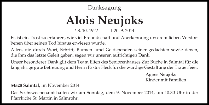  Traueranzeige für Alois Neujoks vom 05.11.2014 aus trierischer_volksfreund