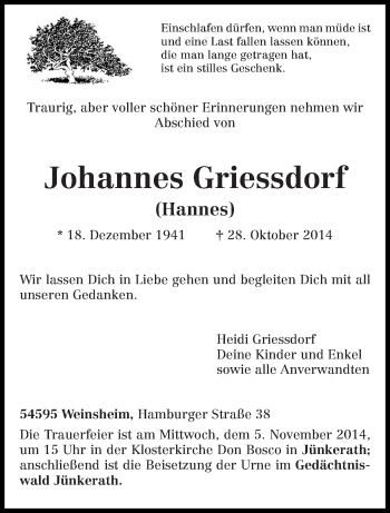 Traueranzeige von Johannes Griessdorf von trierischer_volksfreund