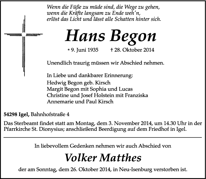  Traueranzeige für Hans Begon vom 31.10.2014 aus trierischer_volksfreund