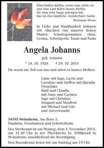 Traueranzeige von Angela Johanns von trierischer_volksfreund