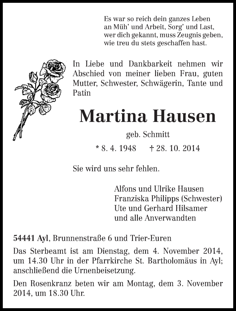  Traueranzeige für Martina Hausen vom 31.10.2014 aus trierischer_volksfreund