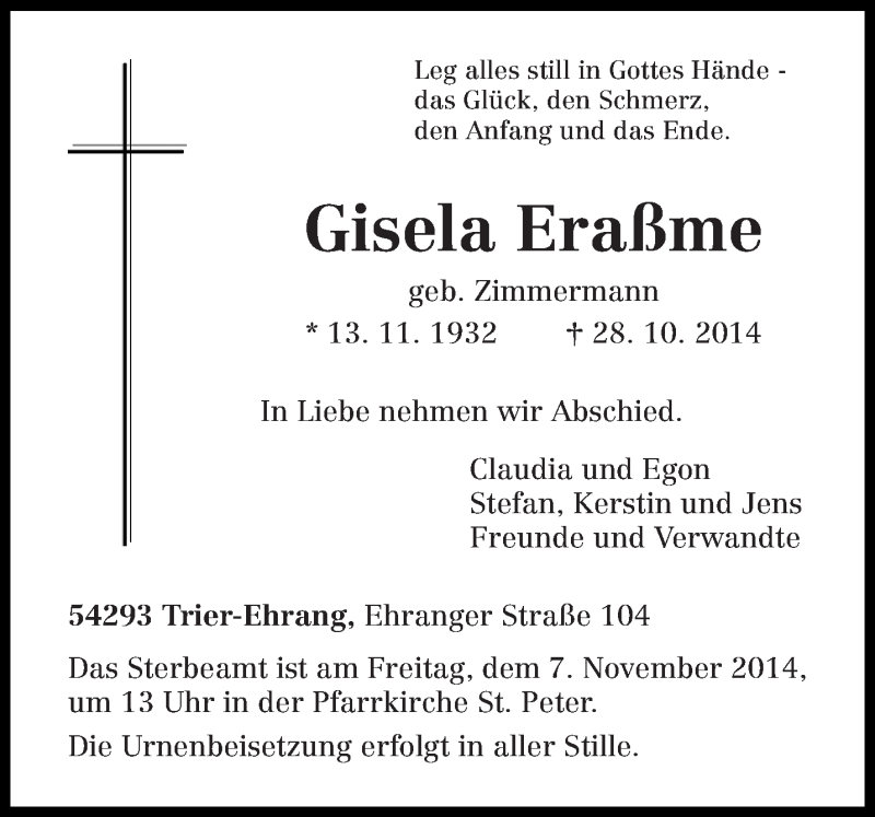  Traueranzeige für Gisela Eraßme vom 01.11.2014 aus trierischer_volksfreund