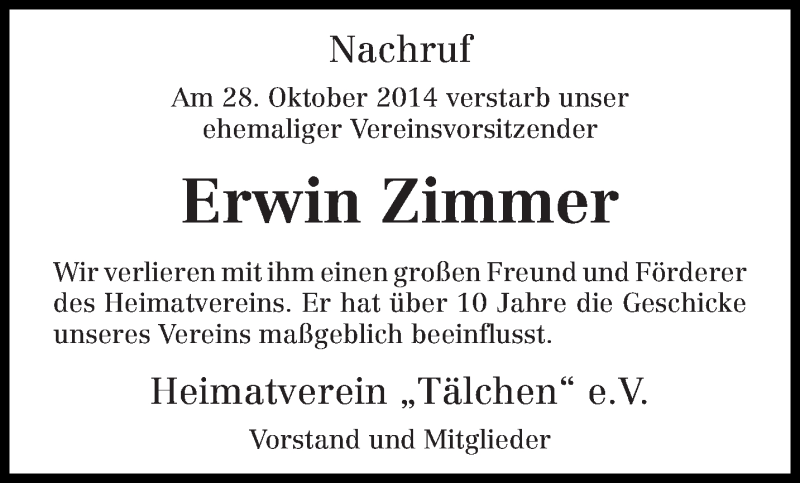  Traueranzeige für Erwin Zimmer vom 03.11.2014 aus trierischer_volksfreund