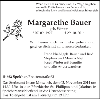 Traueranzeige von Margarethe Bauer von trierischer_volksfreund