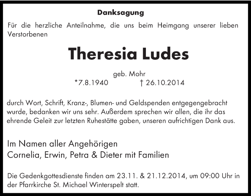  Traueranzeige für Theresia Ludes vom 03.11.2014 aus trierischer_volksfreund