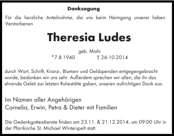Traueranzeige von Theresia Ludes von trierischer_volksfreund