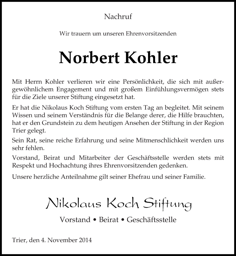  Traueranzeige für Norbert  Kohler vom 04.11.2014 aus Trierischer Volksfreund