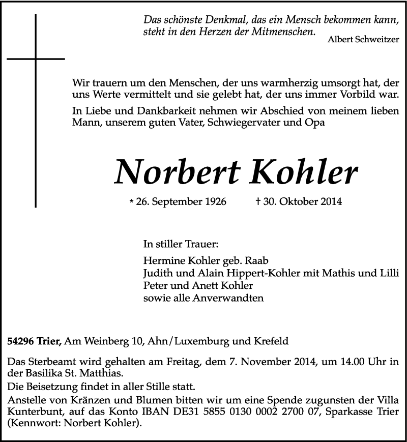  Traueranzeige für Norbert  Kohler vom 04.11.2014 aus trierischer_volksfreund