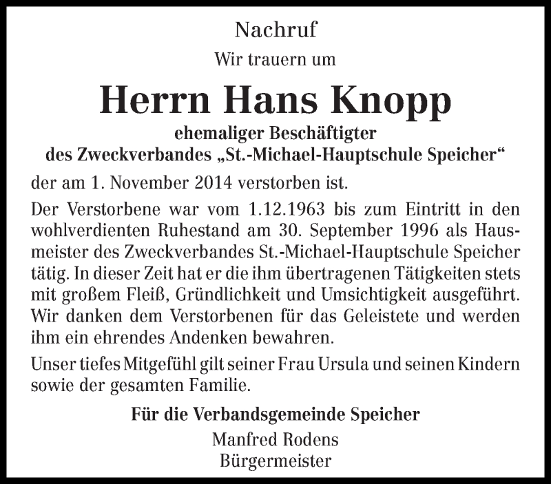  Traueranzeige für Hans Knopp vom 04.11.2014 aus trierischer_volksfreund