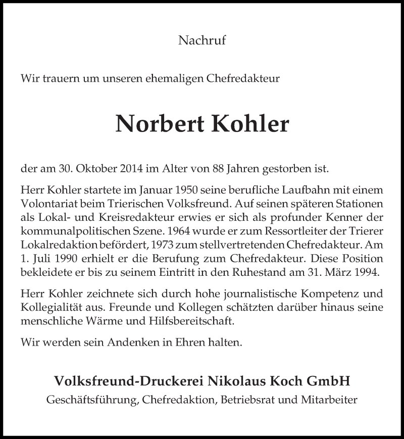  Traueranzeige für Norbert  Kohler vom 04.11.2014 aus Trierischer Volksfreund