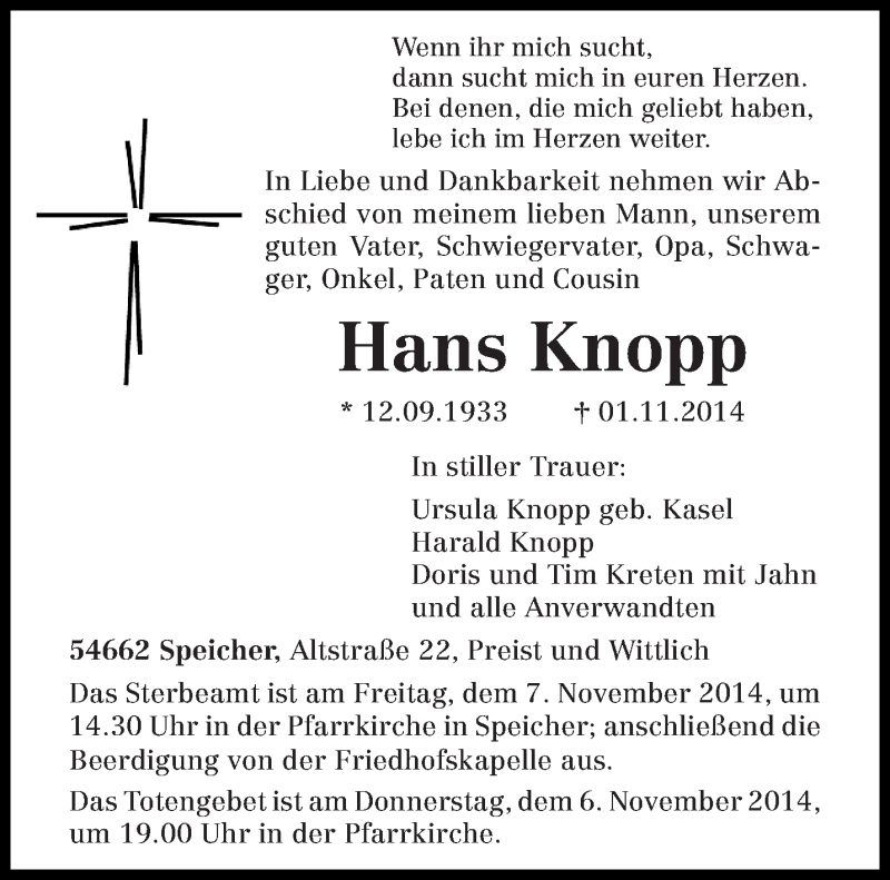  Traueranzeige für Hans Knopp vom 03.11.2014 aus trierischer_volksfreund