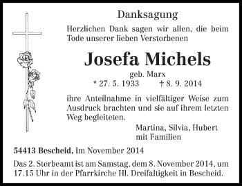 Traueranzeige von Josefa Michels von trierischer_volksfreund