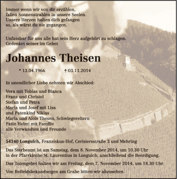 Traueranzeige von Johannes Theisen von trierischer_volksfreund
