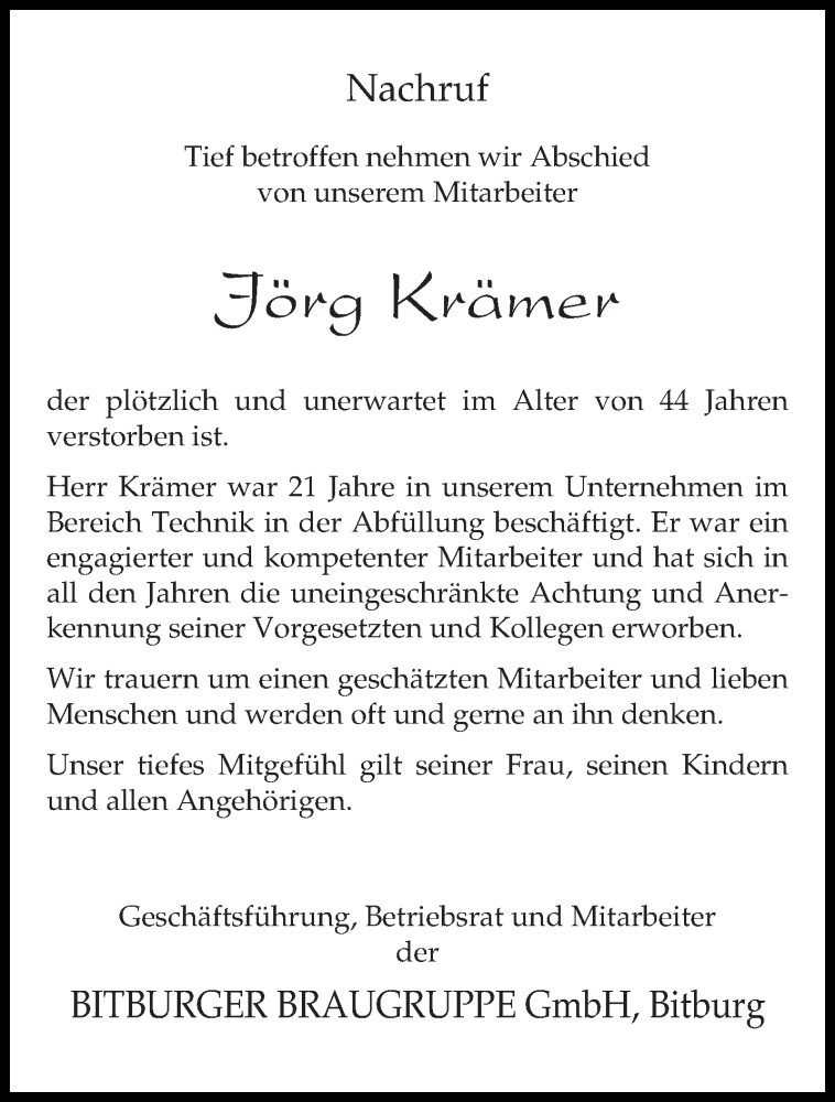  Traueranzeige für Jörg Krämer vom 06.11.2014 aus trierischer_volksfreund