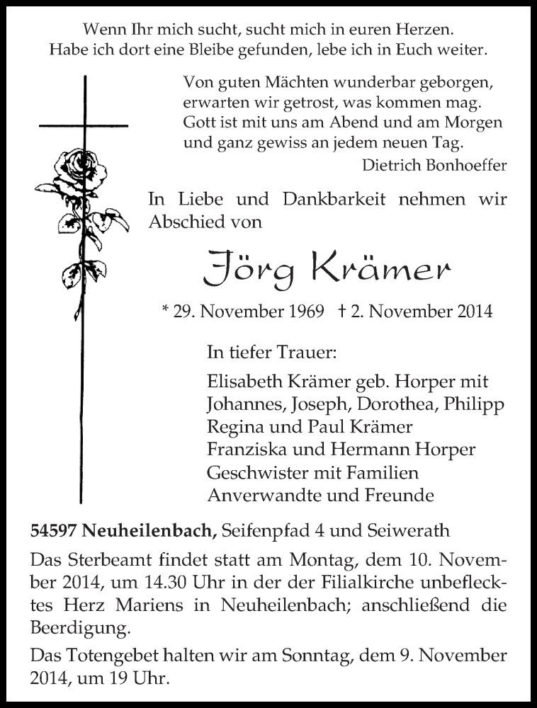  Traueranzeige für Jörg Krämer vom 06.11.2014 aus trierischer_volksfreund