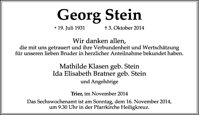  Traueranzeige für Georg Stein vom 08.11.2014 aus trierischer_volksfreund