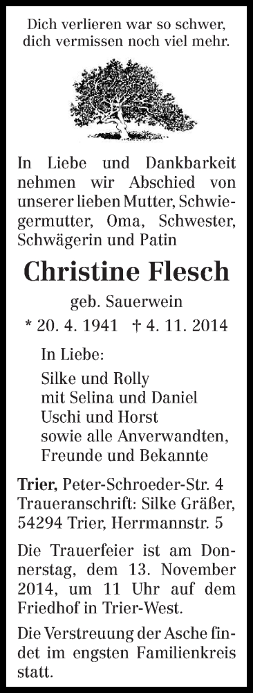  Traueranzeige für Christine Flesch vom 08.11.2014 aus trierischer_volksfreund