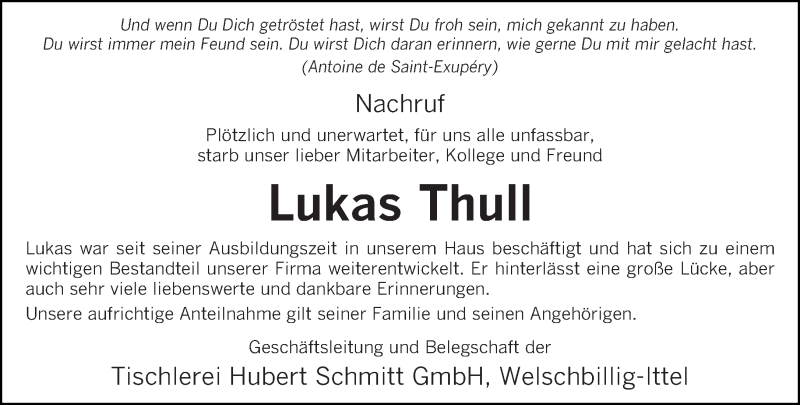  Traueranzeige für Lukas Thull vom 14.11.2014 aus trierischer_volksfreund