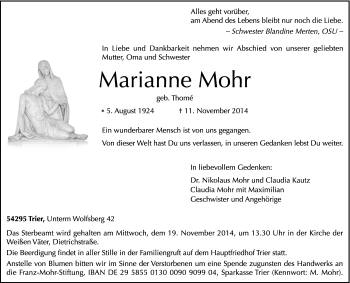 Traueranzeige von Marianne Mohr von trierischer_volksfreund