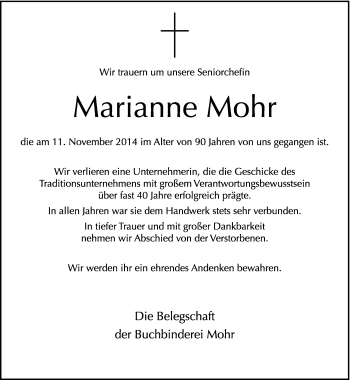 Traueranzeige von Marianne Mohr von trierischer_volksfreund