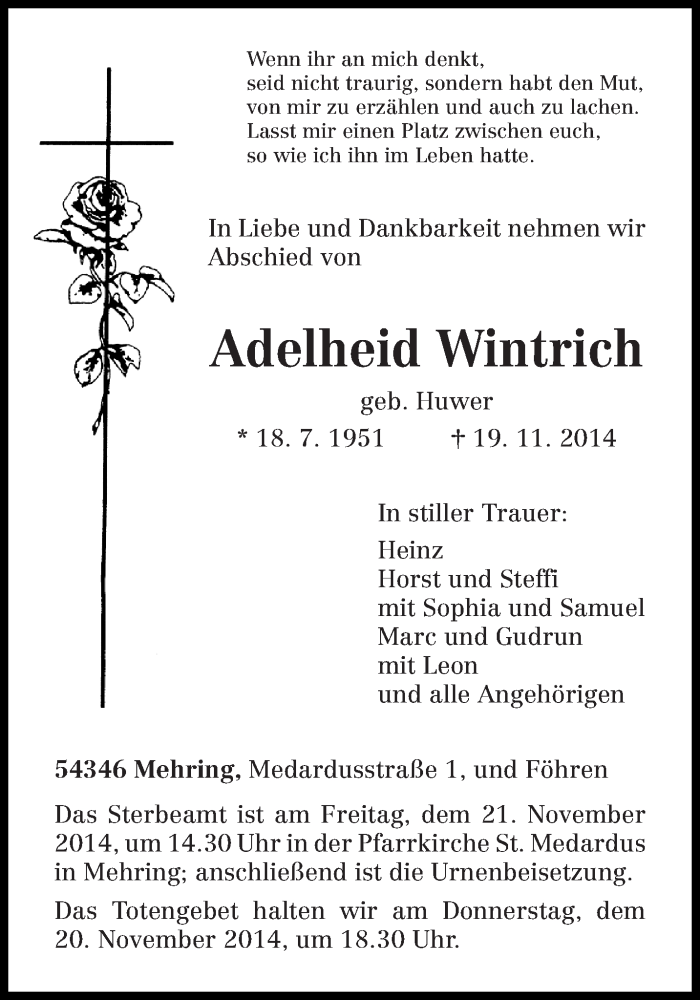  Traueranzeige für Adelheid Wintrich vom 18.11.2014 aus trierischer_volksfreund