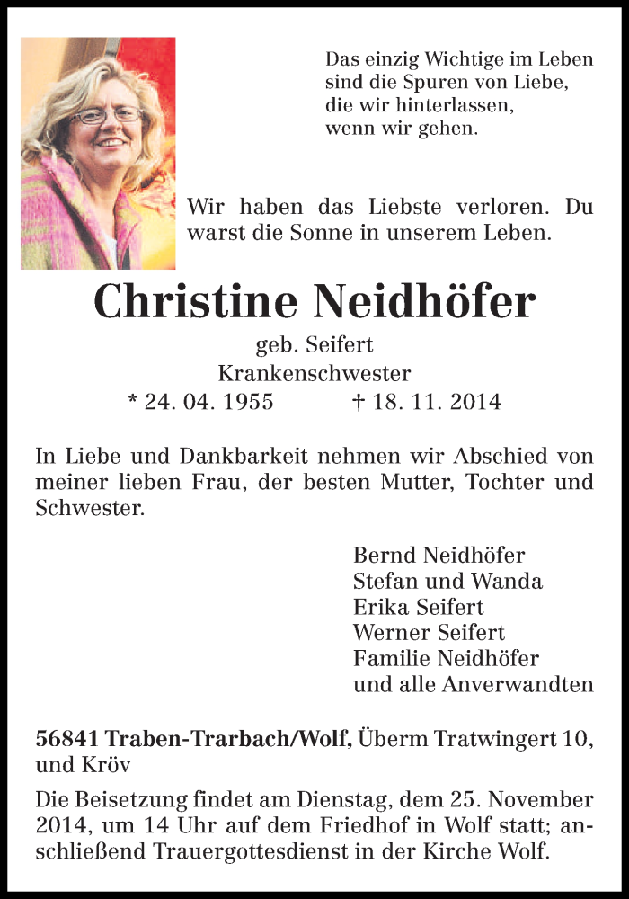  Traueranzeige für Christine Neidhöfer vom 21.11.2014 aus trierischer_volksfreund