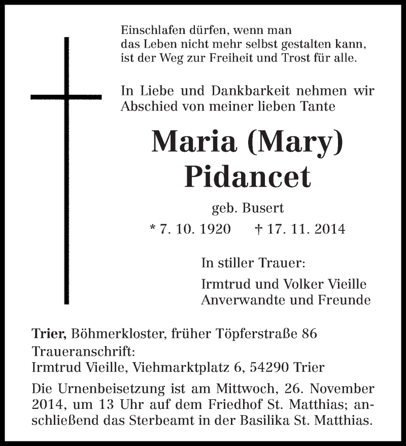  Traueranzeige für Maria Pidancet vom 22.11.2014 aus trierischer_volksfreund