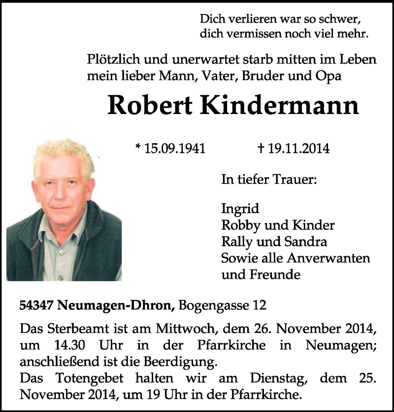  Traueranzeige für Robert Kindermann vom 22.11.2014 aus trierischer_volksfreund