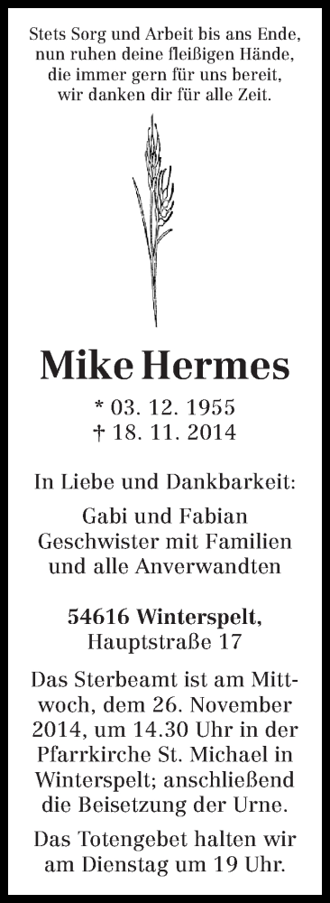  Traueranzeige für Mike Hermes vom 22.11.2014 aus trierischer_volksfreund