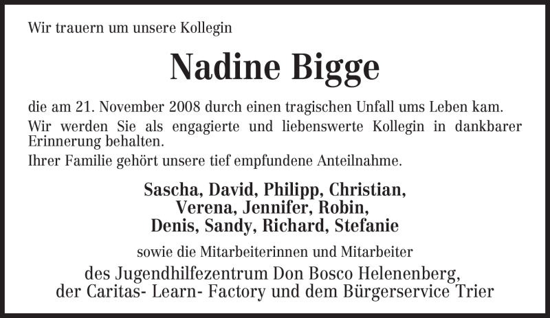  Traueranzeige für Nadine Bigge vom 27.11.2008 aus TRIERISCHER VOLKSFREUND