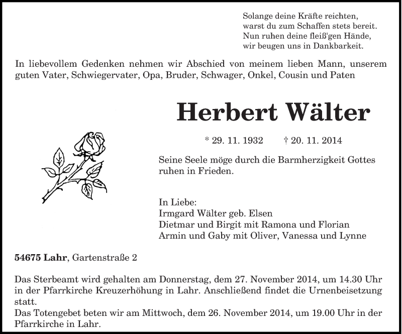  Traueranzeige für Herbert Wälter vom 24.11.2014 aus trierischer_volksfreund