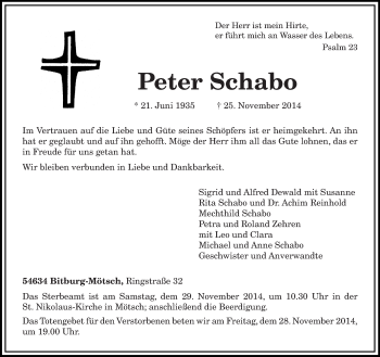 Traueranzeige von Peter Schabo von trierischer_volksfreund