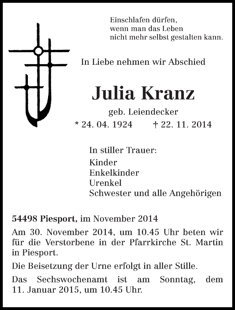  Traueranzeige für Julia Kranz vom 28.11.2014 aus trierischer_volksfreund